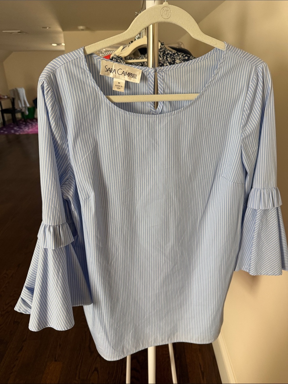 Sara Campbell Blue & White Pinstripe Ruffle Bell Sleeve Tunic Length Blouse